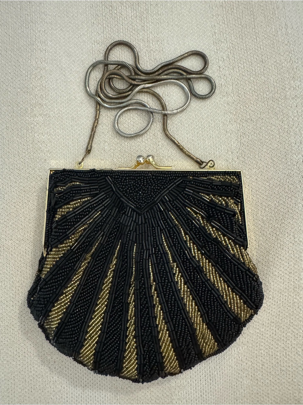Beaded Black and Gold Evening Clutch with Chain Strap